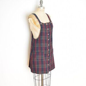 vintage 90s jumper dress navy plaid grunge overall snap sleeveless mini S M